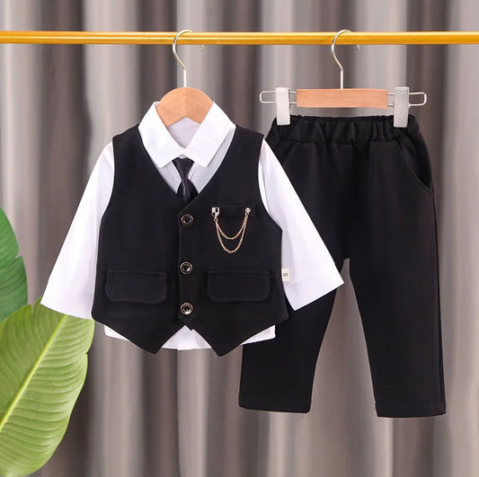 Elegantes Baby-Jungen Outfit – 3-teiliges Gentleman-Set mit Hemd, Weste & Krawatte – Perfekt für Feste & Auftritte (1–4 Jahre)