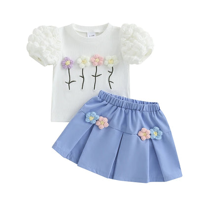 Sommer-Outfit für Kleinkinder Mädchen (6M–4J) – Häkelblumen T-Shirt mit Puffärmeln & A-Linien-Rock + Haarband