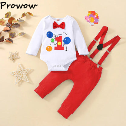 Baby Jungen Cake Smash Geburtstag Outfit – Romper mit „1“-Ballon-Aufdruck + Hosenträgerhose – 3-teiliges Set