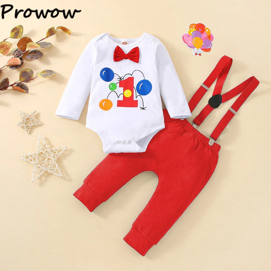 Baby Jungen Cake Smash Geburtstag Outfit – Romper mit „1“-Ballon-Aufdruck + Hosenträgerhose – 3-teiliges Set
