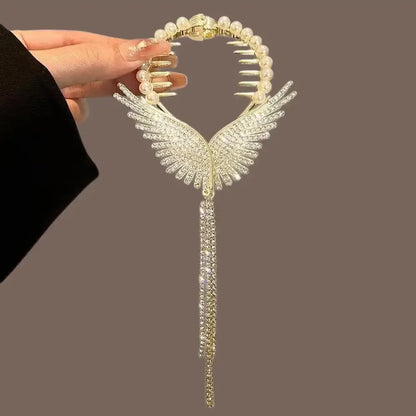 Elegante Haarkralle mit Blumen-Quaste – Schmetterling, Strass & Perlen – Haarclip für Damen | Dutt- & Zopfhalter Accessoire