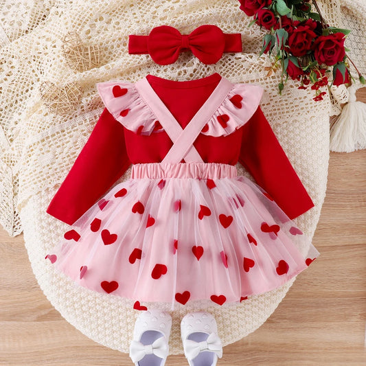 Frühlings-Outfit für Baby-Mädchen – 3-teilig: Langarm-Body, Herzträgerrock & Haarband (0–18 Monate)