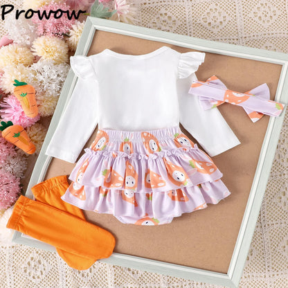 My First Easter” Baby-Mädchen-Outfit – 4-teilig: Hasen-Body, Karotten-Shorts, Socken & Haarband – von Prowow