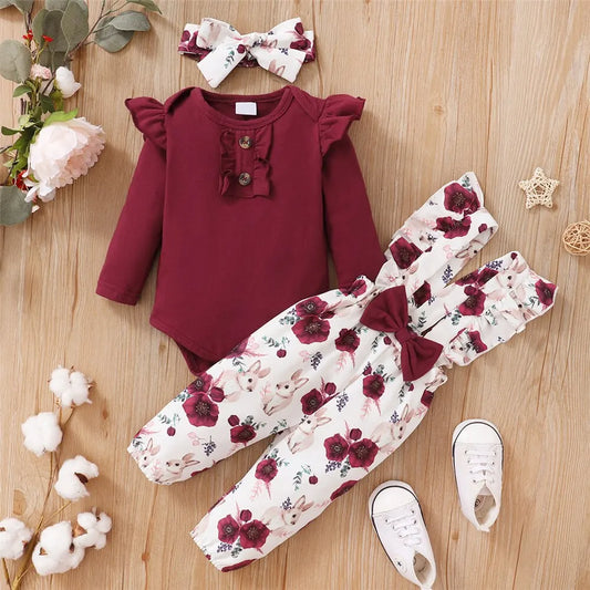 Baby Mädchen 3-teiliges Outfit – Langarm-Romper mit Blumen-Trägerhose & Stirnband | Weiches Baumwollset für Frühling & Herbst (0–24 Monate)