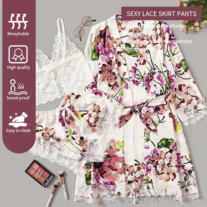 Damen 3-teiliges Pyjama-Set in Plus Size – Weiß mit Blumenmuster, Spitzen-Träger, Shorts & Morgenmantel