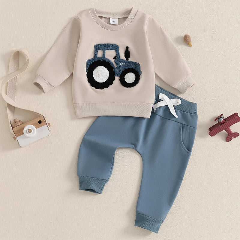 Jungen-Set für Frühling & Herbst – 2-teilig: Sweatshirt mit Traktor-Stickerei & einfarbige Hose – von Lioraitiin (0–3 Jahre)