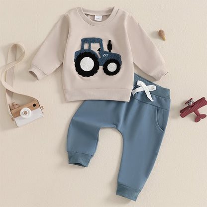 Jungen-Set für Frühling & Herbst – 2-teilig: Sweatshirt mit Traktor-Stickerei & einfarbige Hose – von Lioraitiin (0–3 Jahre)