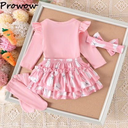 My First Easter” Baby-Mädchen-Outfit – 4-teilig: Hasen-Body, Karotten-Shorts, Socken & Haarband – von Prowow