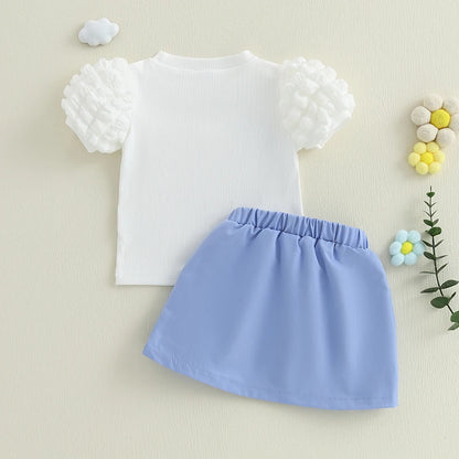Sommer-Outfit für Kleinkinder Mädchen (6M–4J) – Häkelblumen T-Shirt mit Puffärmeln & A-Linien-Rock + Haarband