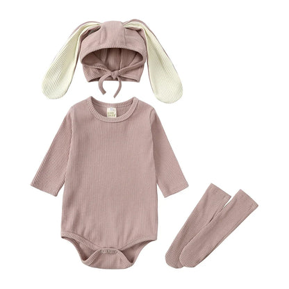 2025 Niedliches Baby-Hasen-Set – Langarm Body mit Ohren-Mütze & Kniestrümpfen | Unisex Babykleidung aus Baumwolle