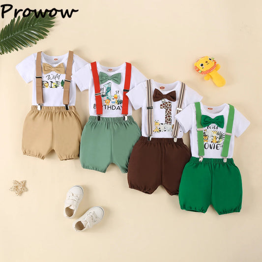 „Mein 1. Geburtstag“ Baby Jungen Outfit – Kurzarm-Body mit Tier-Print & Zahl „1“ + Hosenträger-Shorts – Perfektes Cake Smash Set für Sommer & Party