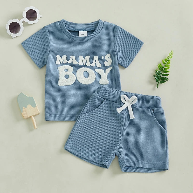Sommer Baby Jungen 2-teiliges Outfit – T-Shirt mit Stickerei + Einfarbige Waffel-Shorts | Luftiges Freizeitset für Kleinkinder 6–36 Monate