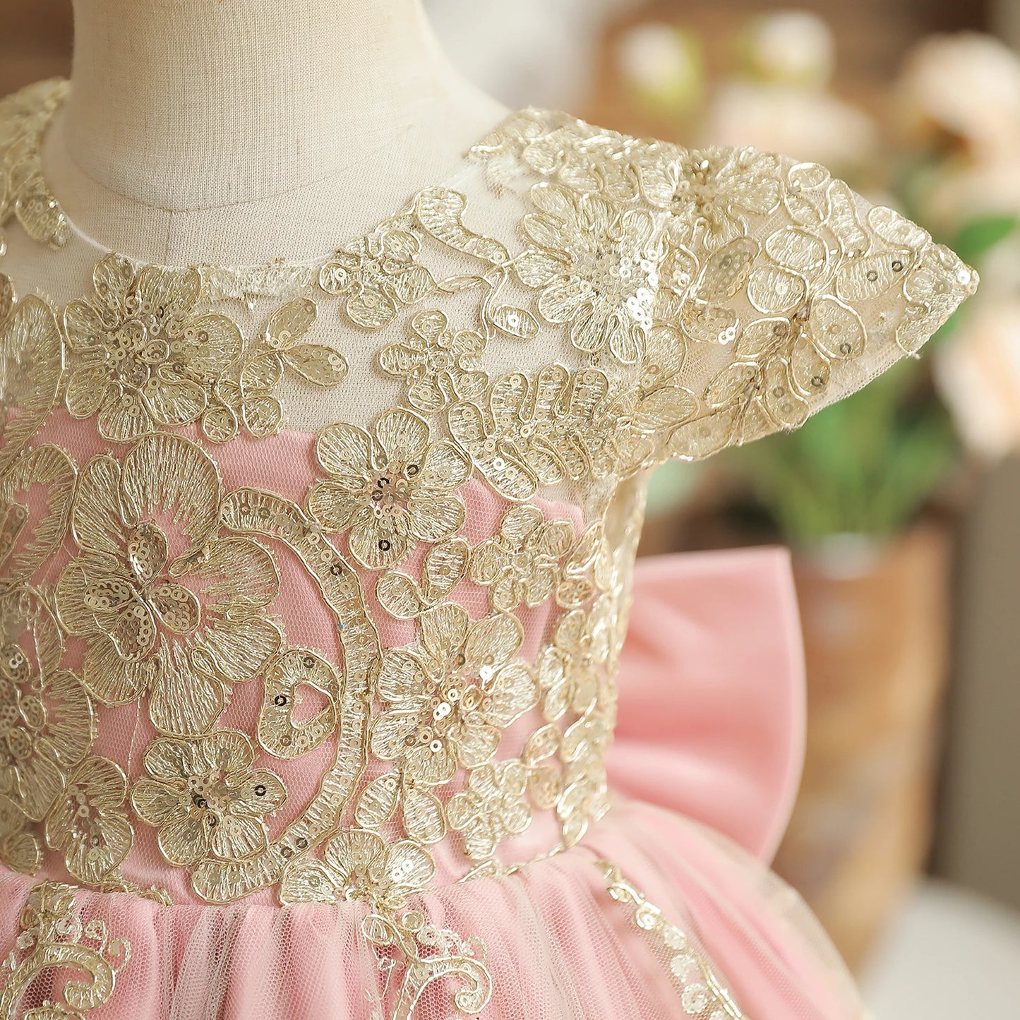 Vintage Prinzessinnenkleid mit Spitze & Stickerei – Luxuriöses Partykleid für Mädchen mit Rüschen & Goldakzenten (1–5 Jahre)