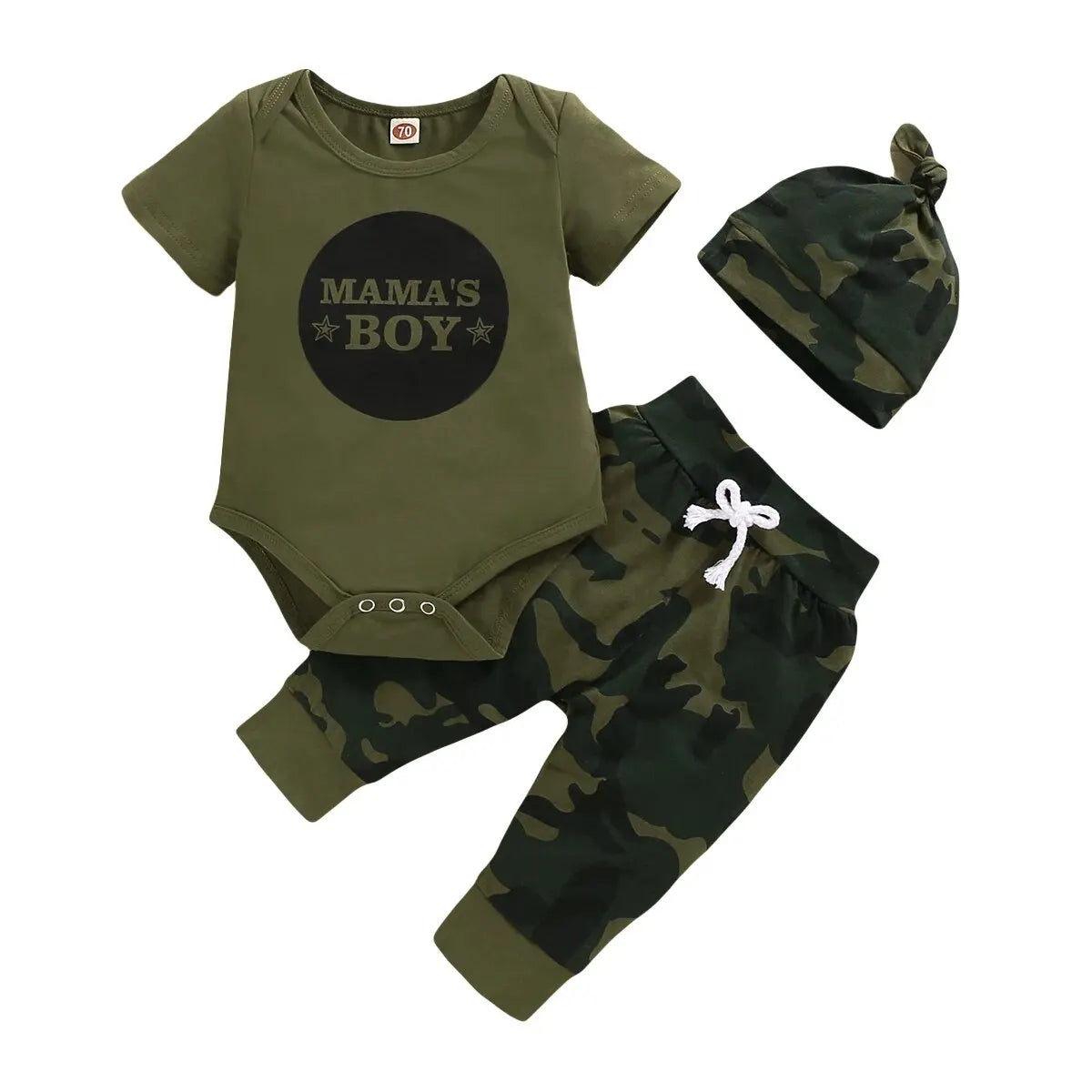 3-teiliges Sommer-Outfit für Neugeborene Jungen – Kurzarm-Body mit Schriftzug + Camouflage-Hose + Mütze | Baby Jungen Kleidung 0–18 Monate