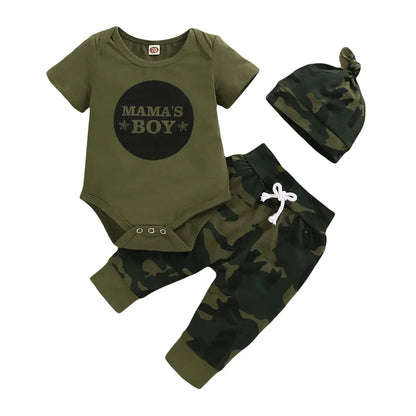 3-teiliges Sommer-Outfit für Neugeborene Jungen – Kurzarm-Body mit Schriftzug + Camouflage-Hose + Mütze | Baby Jungen Kleidung 0–18 Monate