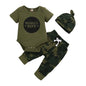 3-teiliges Sommer-Outfit für Neugeborene Jungen – Kurzarm-Body mit Schriftzug + Camouflage-Hose + Mütze | Baby Jungen Kleidung 0–18 Monate