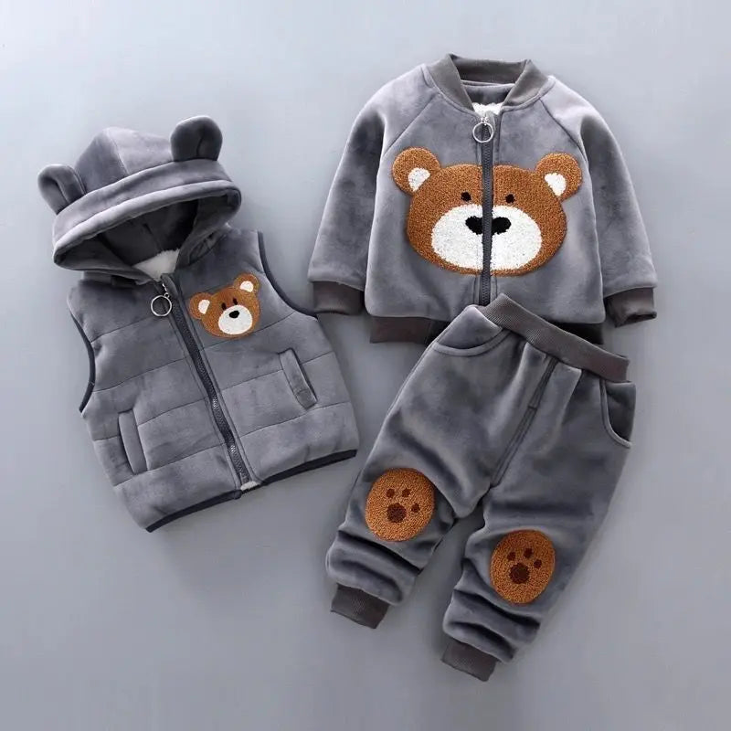 Warmer 3-teiliges Winter-Set für Babys – Kapuzenjacke mit Bärenmotiv, Weste & Hose – Baumwoll-Fleece für Jungen & Mädchen (1–3 Jahre)