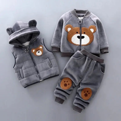 Warmer 3-teiliges Winter-Set für Babys – Kapuzenjacke mit Bärenmotiv, Weste & Hose – Baumwoll-Fleece für Jungen & Mädchen (1–3 Jahre)