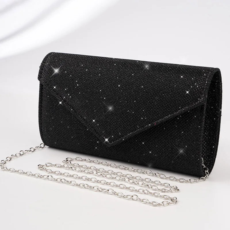 Damen Glitzer Clutch – Envelope-Abendtasche mit Kette in Silber – Elegante Mini-Handtasche für Hochzeit & Party