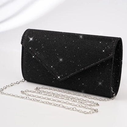 Damen Glitzer Clutch – Envelope-Abendtasche mit Kette in Silber – Elegante Mini-Handtasche für Hochzeit & Party
