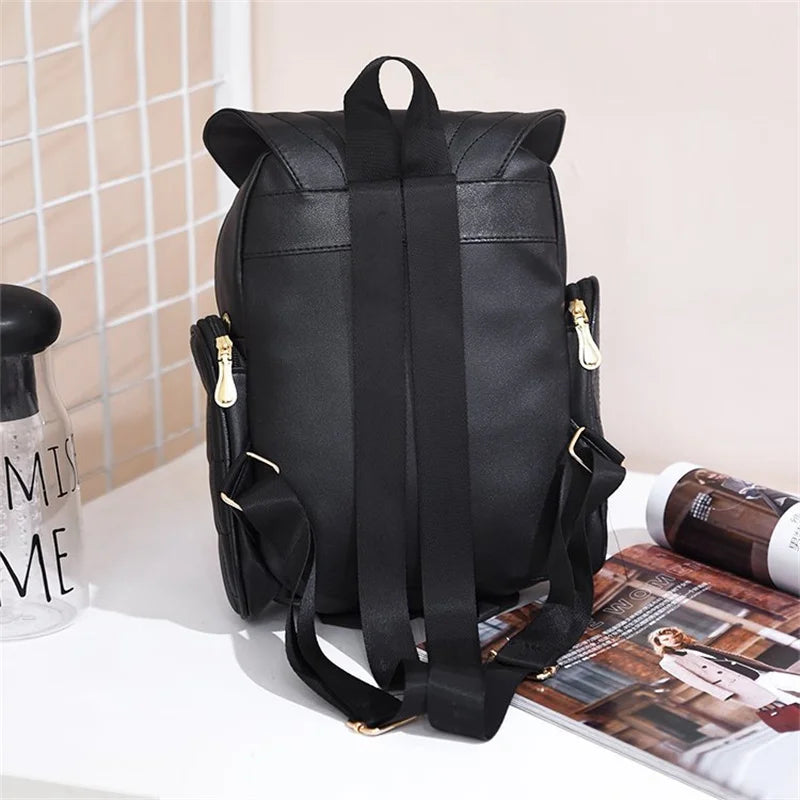 Damen Rucksack – Stylischer Eulen-Rucksack aus schwarzem PU-Leder mit Applikationen – Trendiger Begleiter für Alltag & Freizeit