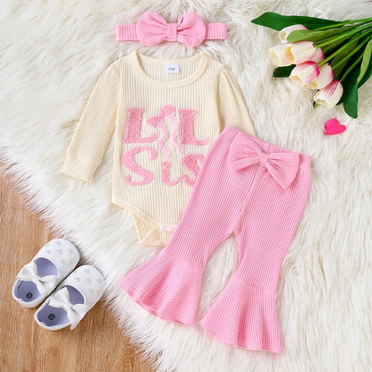 Herbst-Outfit für Baby-Mädchen (0–18 Monate) – 3-teilig: Langarm-Body mit Stickschrift, Schlaghose & Haarband – von Pudcoco