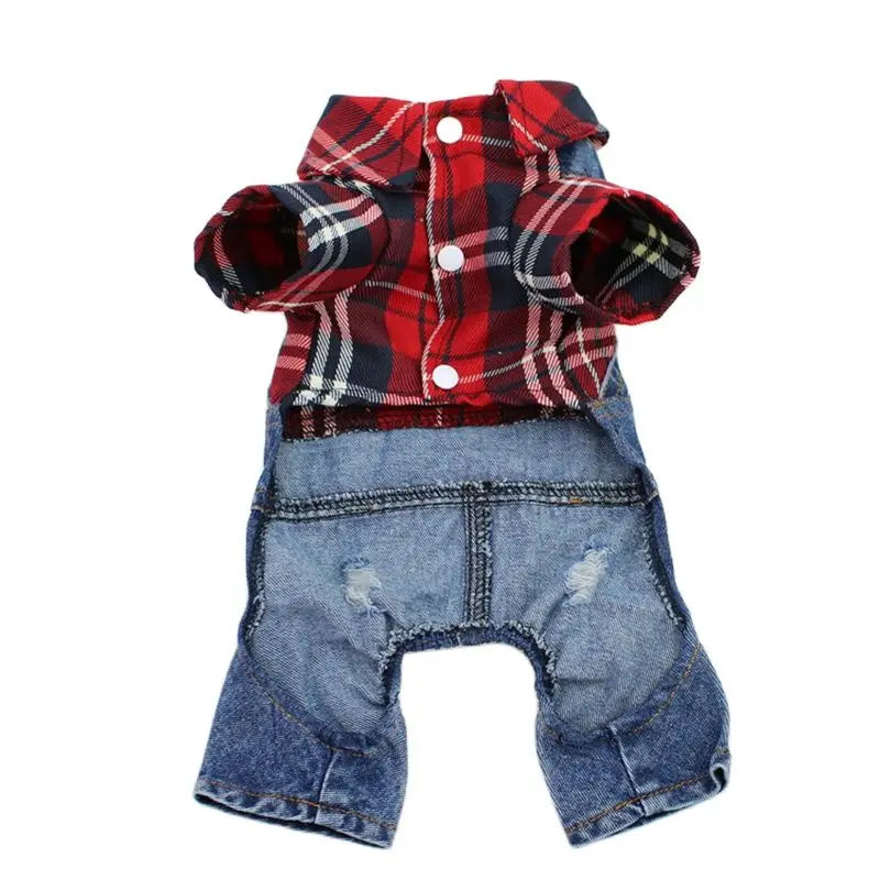 Hund / Katze Jeans-Hoodie Jumpsuit – Kariertes Denim-Outfit mit Kapuze für Frühling & Herbst – 4 Farben