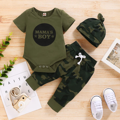 3-teiliges Sommer-Outfit für Neugeborene Jungen – Kurzarm-Body mit Schriftzug + Camouflage-Hose + Mütze | Baby Jungen Kleidung 0–18 Monate