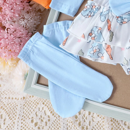 My First Easter” Baby-Mädchen-Outfit – 4-teilig: Hasen-Body, Karotten-Shorts, Socken & Haarband – von Prowow