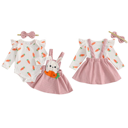 Oster-Outfit für Baby-Mädchen – 3-teilig: Karotten-Body mit langen Ärmeln, Hasen-Trägerrock & Haarband – von FOCUSNORM (0–18 Monate)