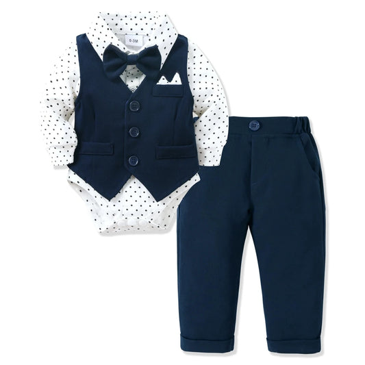 Baby Jungen Gentleman Set – Elegantes Polka-Dot Outfit mit Body, Hose, Weste & Fliege | Perfekt für Geburtstag, Taufe & festliche Anlässe