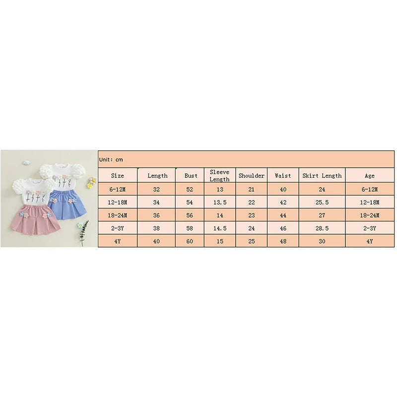 Sommer-Outfit für Kleinkinder Mädchen (6M–4J) – Häkelblumen T-Shirt mit Puffärmeln & A-Linien-Rock + Haarband