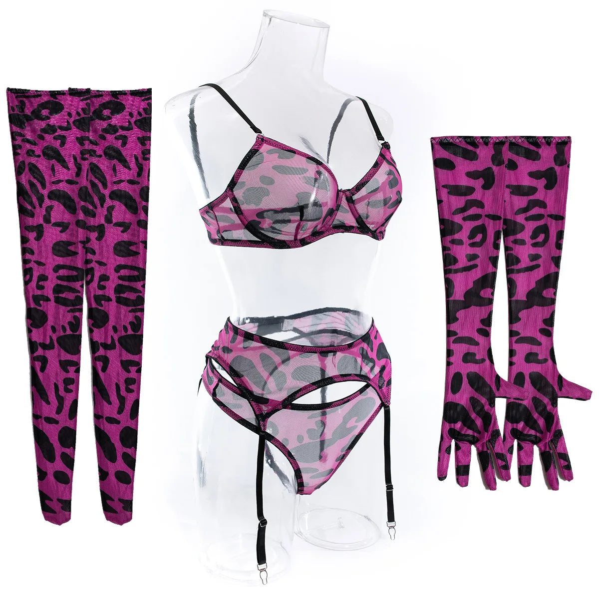 Sexy Lingerie Set in Pink Leopard Mesh – BH, Handschuhe & Beinlinge