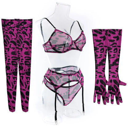 Sexy Lingerie Set in Pink Leopard Mesh – BH, Handschuhe & Beinlinge