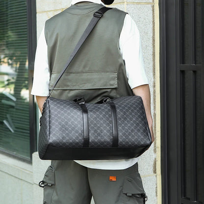 Herren Reisetasche – Schwarze PU-Ledertasche mit großem Fassungsvermögen und geometrischem Muster – Schultertasche für Business & Reisen