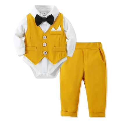 👔 Frühlings-Westenanzug für Jungen – Gentleman-Set mit Langarm-Body, Weste, Hose & Fliege (3–24 Monate)