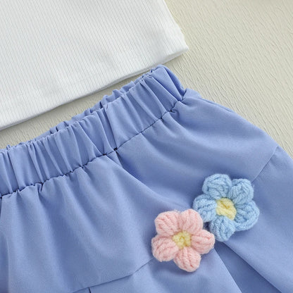 Sommer-Outfit für Kleinkinder Mädchen (6M–4J) – Häkelblumen T-Shirt mit Puffärmeln & A-Linien-Rock + Haarband