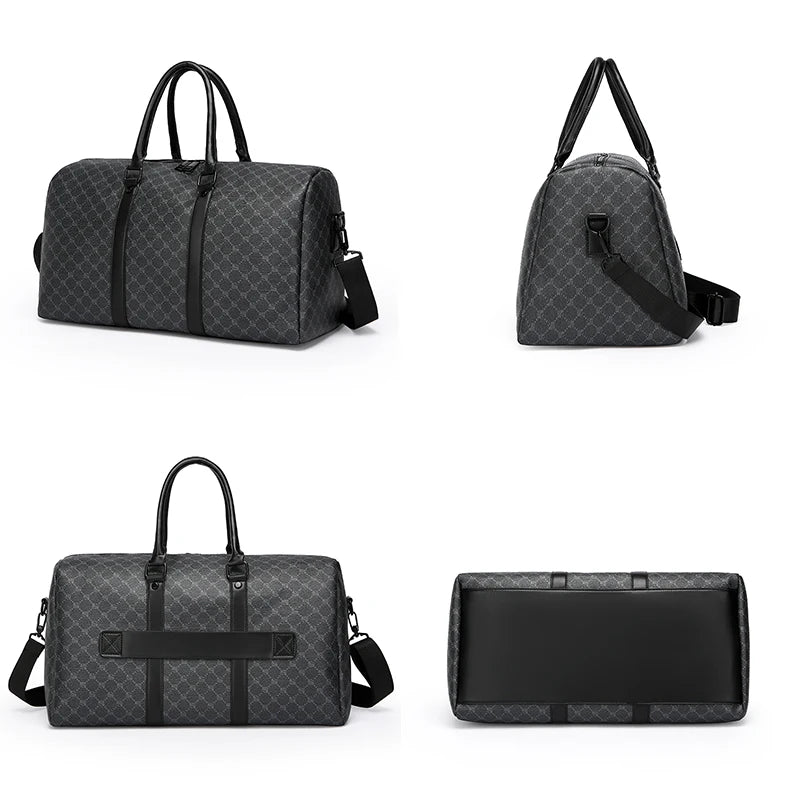 Herren Reisetasche – Schwarze PU-Ledertasche mit großem Fassungsvermögen und geometrischem Muster – Schultertasche für Business & Reisen