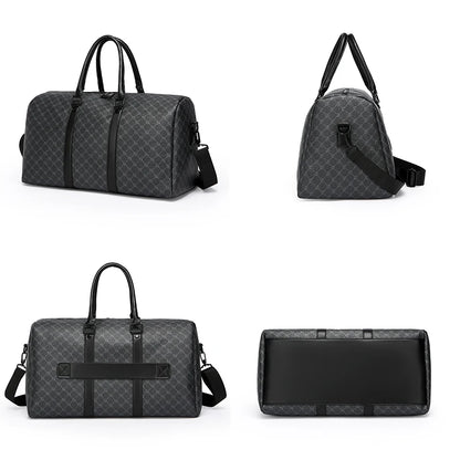 Herren Reisetasche – Schwarze PU-Ledertasche mit großem Fassungsvermögen und geometrischem Muster – Schultertasche für Business & Reisen