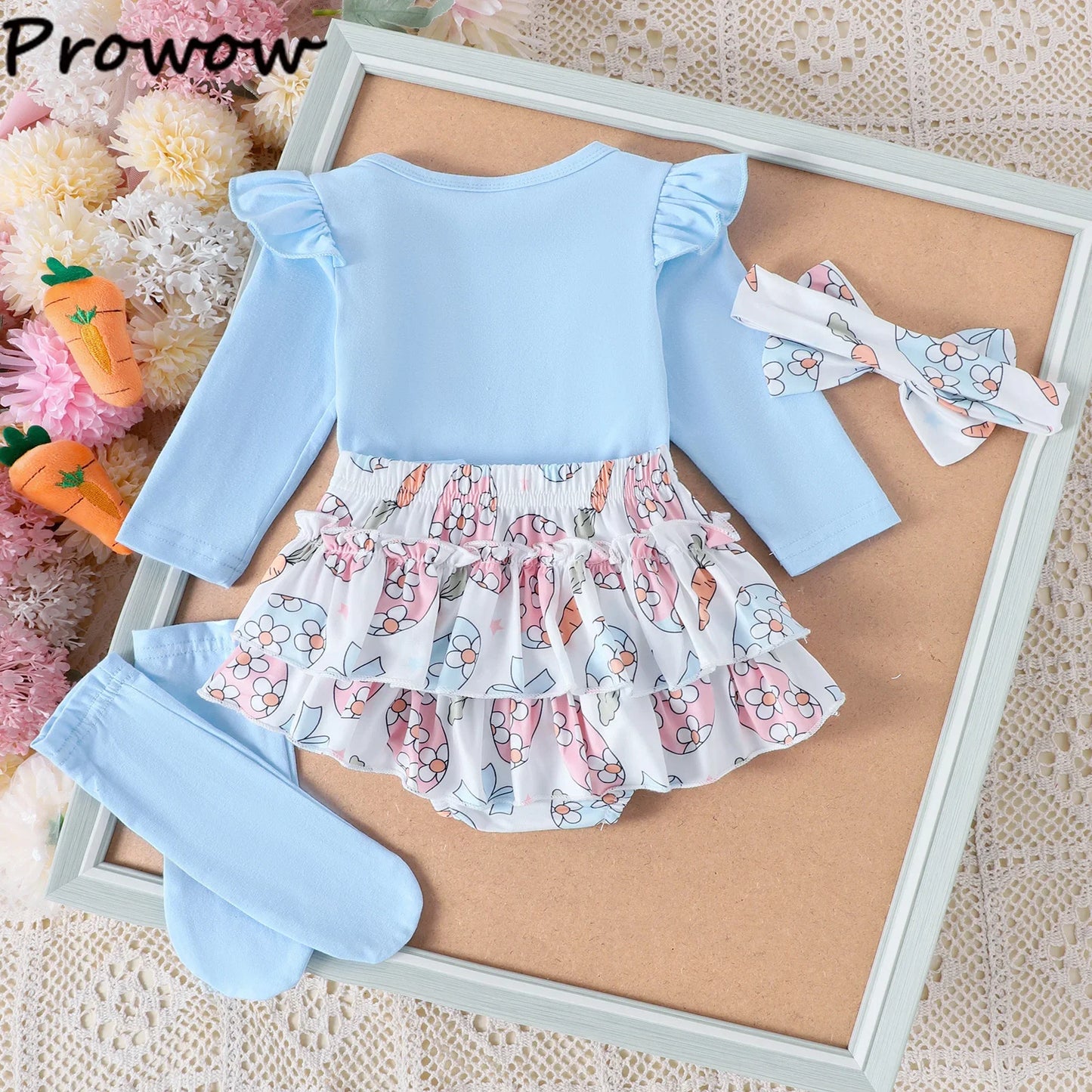 My First Easter” Baby-Mädchen-Outfit – 4-teilig: Hasen-Body, Karotten-Shorts, Socken & Haarband – von Prowow