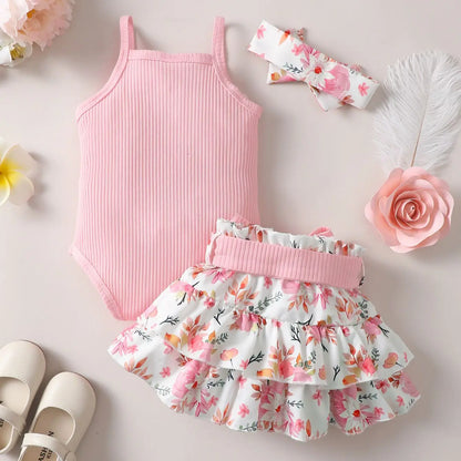 0–2 Jahre Sommer-Outfit für Baby-Mädchen – Ärmelloser Jumpsuit mit Trägern & Blumenrock