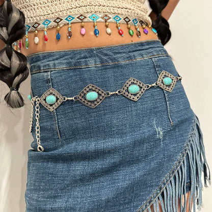 Boho Taillenkette für Damen – Silberfarbene Kette mit blauen Edelstein-Elementen | Eleganter Ellipsen-Look für Röcke & Kleider