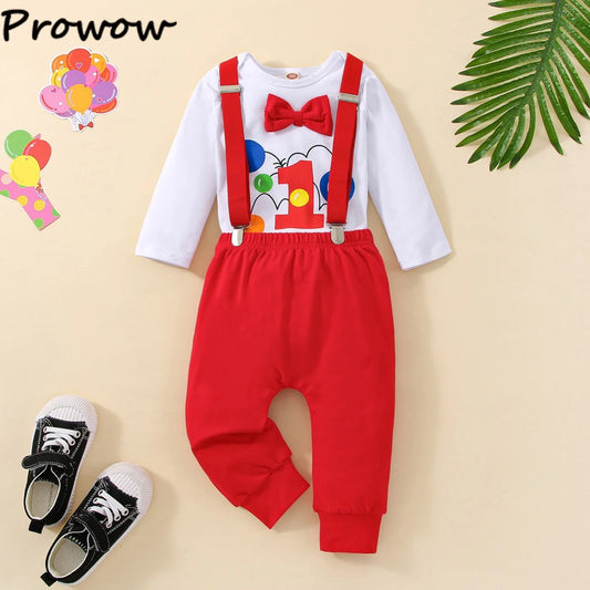 Baby Jungen Cake Smash Geburtstag Outfit – Romper mit „1“-Ballon-Aufdruck + Hosenträgerhose – 3-teiliges Set