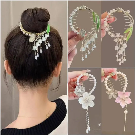 Elegante Haarkralle mit Blumen-Quaste – Schmetterling, Strass & Perlen – Haarclip für Damen | Dutt- & Zopfhalter Accessoire