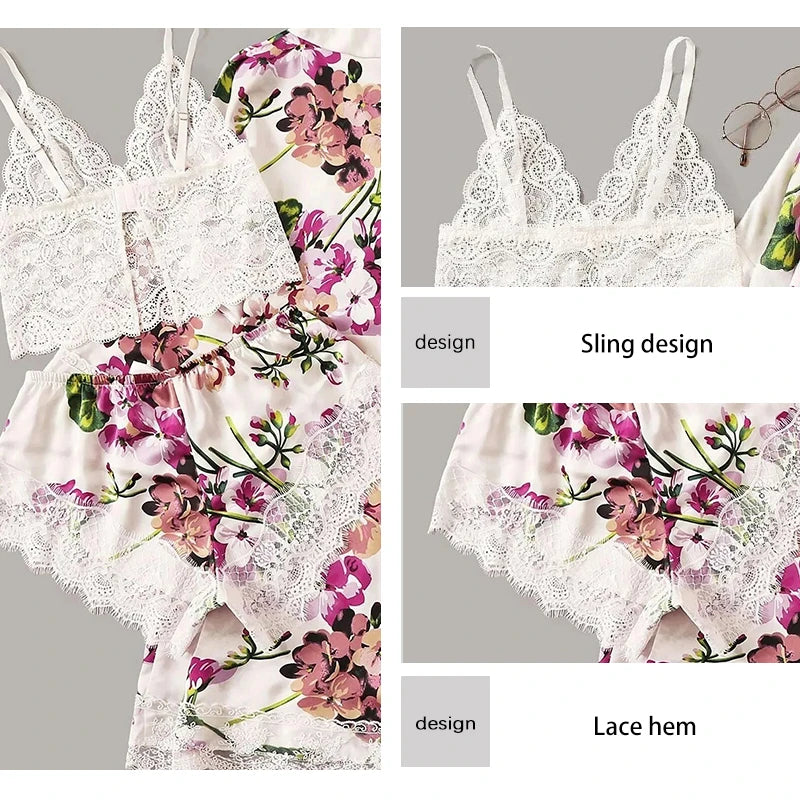Damen 3-teiliges Pyjama-Set in Plus Size – Weiß mit Blumenmuster, Spitzen-Träger, Shorts & Morgenmantel