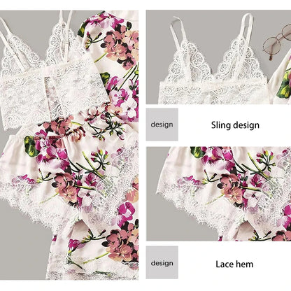 Damen 3-teiliges Pyjama-Set in Plus Size – Weiß mit Blumenmuster, Spitzen-Träger, Shorts & Morgenmantel