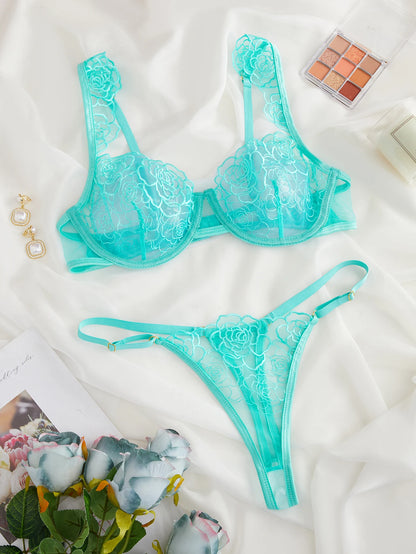 Sexy Spitzen-Dessous-Set mit Stickerei – Transparenter BH & String (2024)