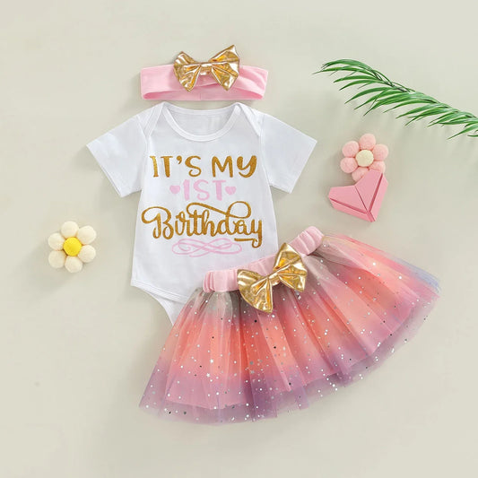 Geburtstags-Outfit für Baby-Mädchen – 3-teilig: Body „1 Jahr“, Tutu-Rock & Haarband – Festliches Set für den 1. Geburtstag