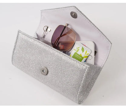Damen Glitzer Clutch – Envelope-Abendtasche mit Kette in Silber – Elegante Mini-Handtasche für Hochzeit & Party