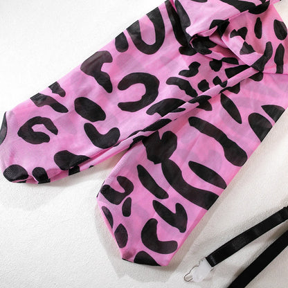 Sexy Lingerie Set in Pink Leopard Mesh – BH, Handschuhe & Beinlinge